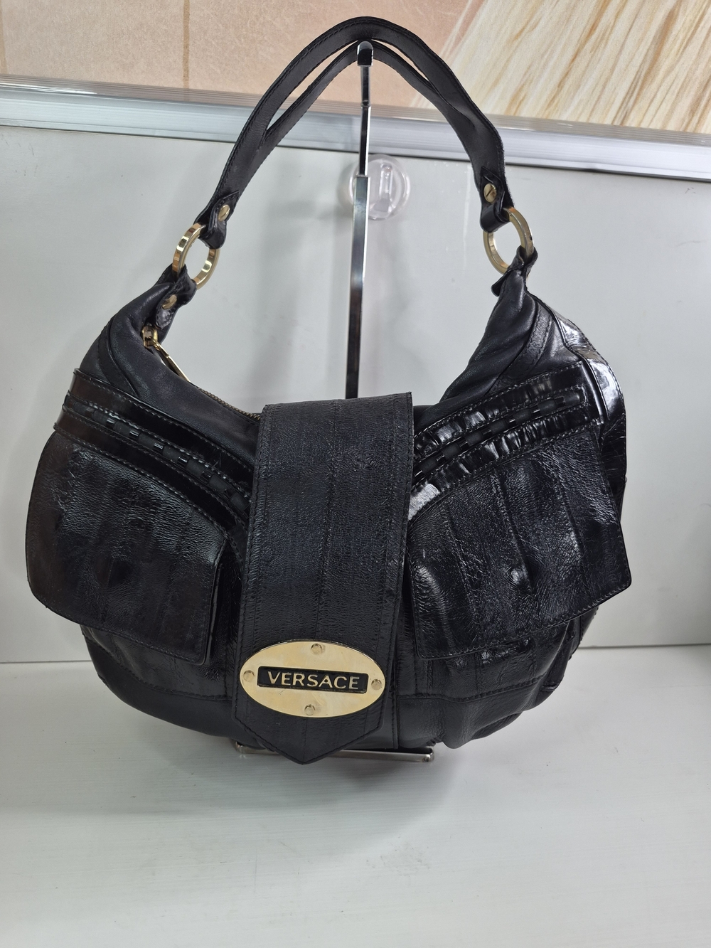 Versace Black Patent Leather Shoulder Bag with Gold Plaque